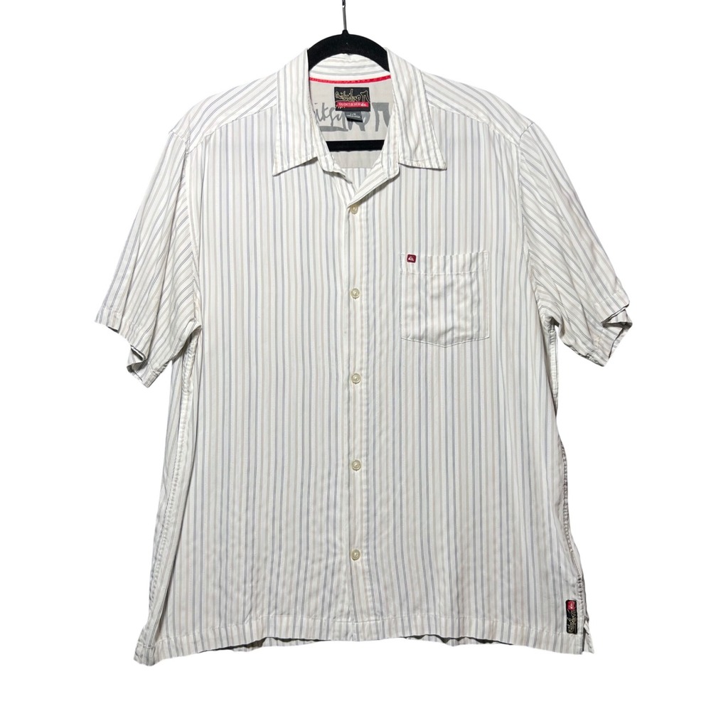 Vintage Y2K Quiksilver Large Short Sleeve Button Up Shirt Striped Rayon White